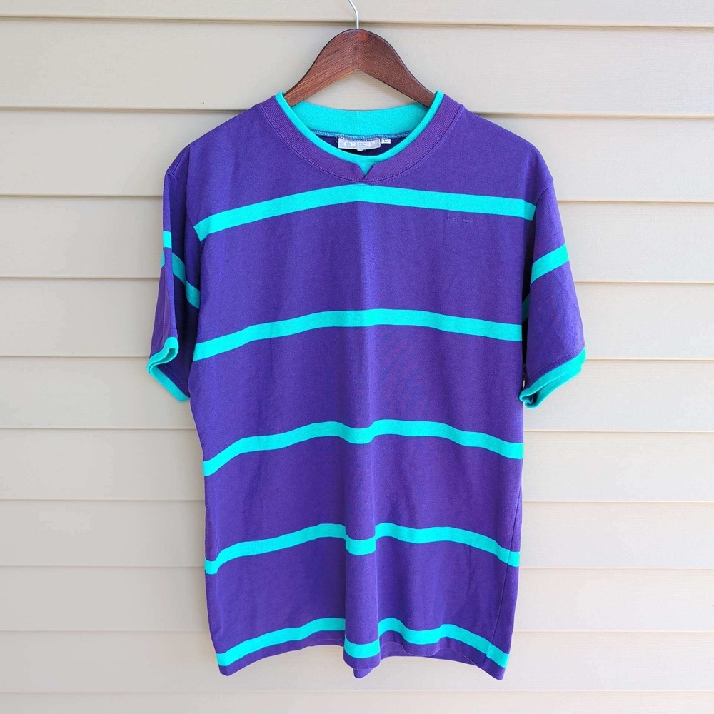 Crest Striped‎ T-Shirt Mens Large Purple Teal VTG 90s Made in USA Single Stitch